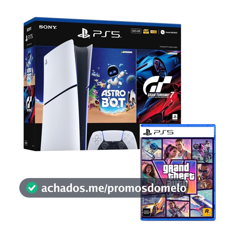 Bundle GTA VI + PlayStation 5 Slim Digital 825 GB Pacote Astro Bot e Gran Turismo 7