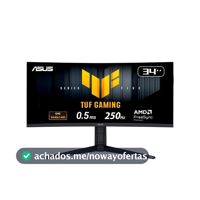 Monitor Gamer Curvo ASUS TUF 34"", WQHD, 250Hz, 0.5ms, Fast VA, FreeSync Premium, Altura Ajustável, Som Integrado, Preto - VG34WQML5A
