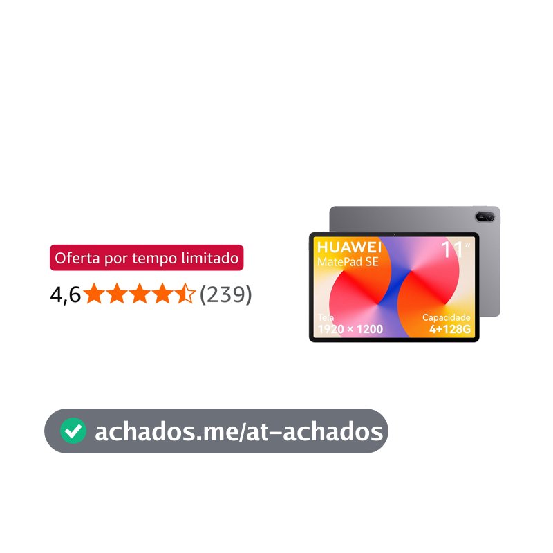 Tablet, HUAWEI MatePad SE 11, 4+128GB, Tela HUAWEI FullView de 11" para Conforto Visual，Superbateria de 7700 mAh 22,5W，Câmera Traseira 8 MP，Câmera Frontal 5 MP，Cinza Nebula