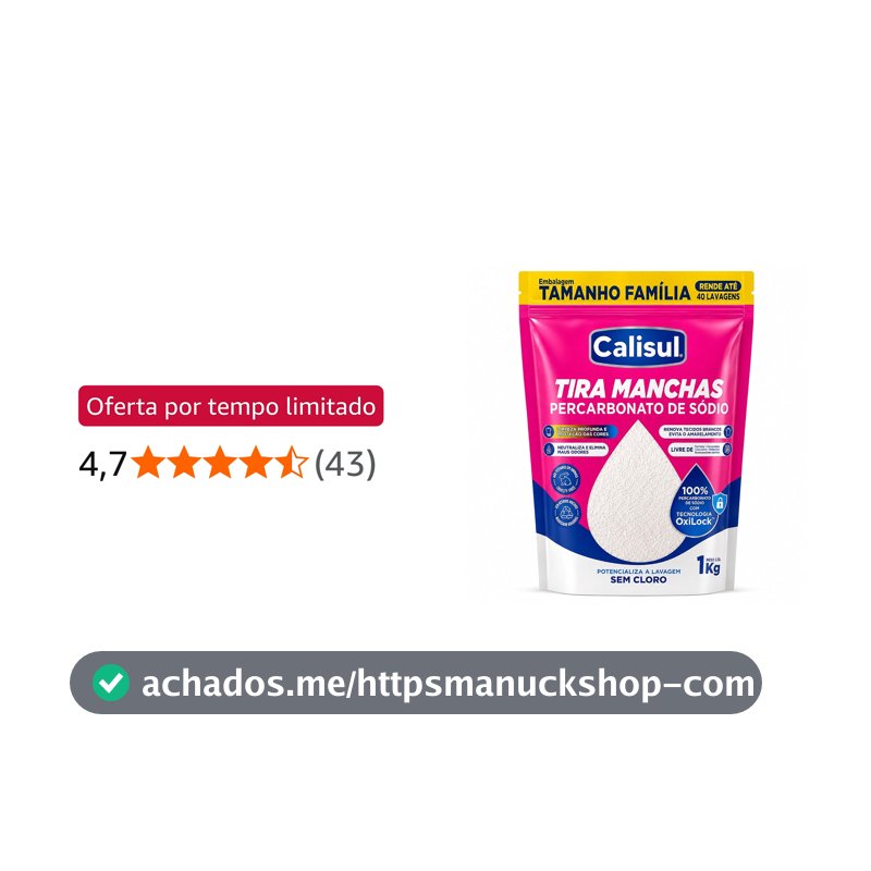 Oferta por tempo limitado para Membros Prime: Percarbonato de Sódio 1kg 100% Puro Tira Manchas em Pó Sem Cloro, Biodegradável e Seguro para Roupas Brancas, Coloridas e Limpeza Doméstica Calisul