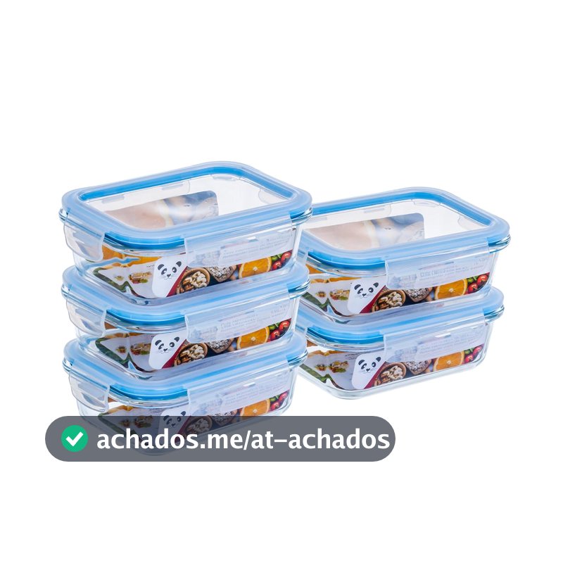 Kit com 5 Potes de Vidro Gato Panda, 640 ml, Retangular, com Tampa Hermética, Azul