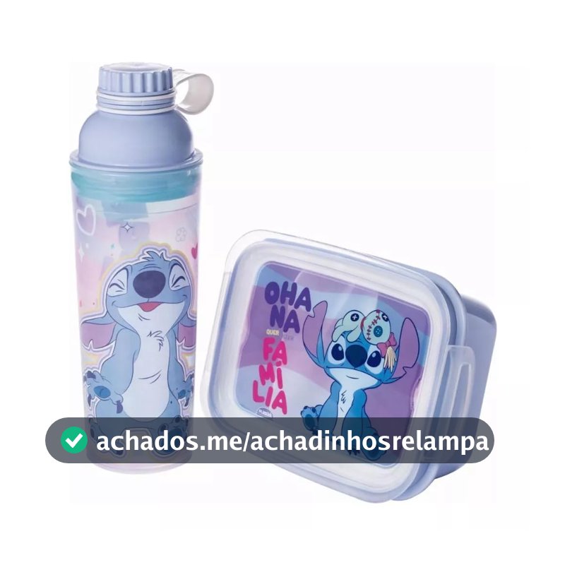 Plasútil Kit Marmita Hermética com Travas e Garrafa de Plástico Stitch