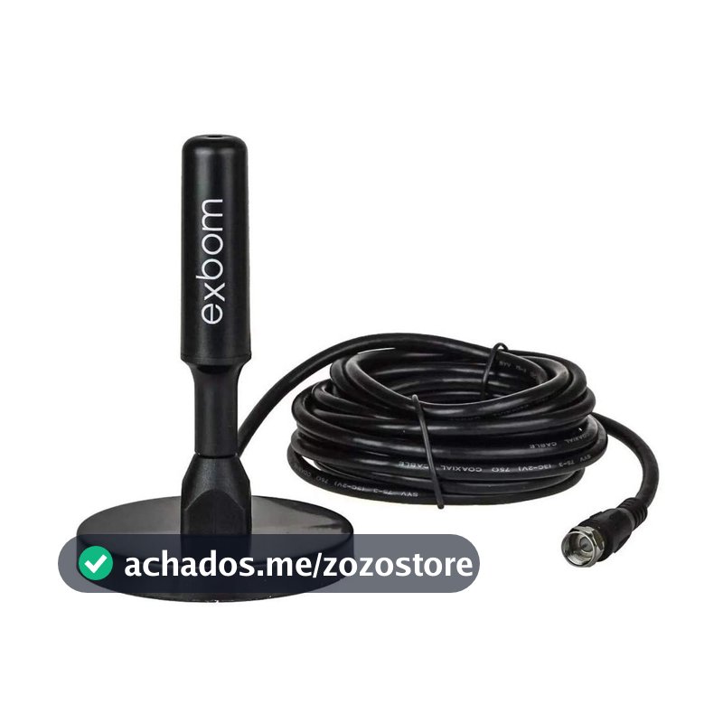 Antena Digital Amplificada HDTV/UHF/VHF Interna e Externa 5m Base Imã prova d'água 4dBI - Exbom