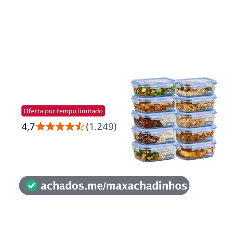 Kit 10 Potes de Vidro Borossilicato 640ml Herméticos com 4 Travas Ideal para Marmitas e Conservação de Alimentos, Vedação Total, Refratário para Forno e Freezer