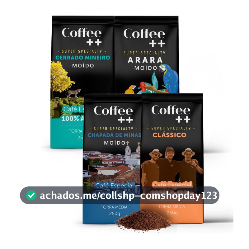 Kit 4 Pacotes Café Especial Torrado e Moído Coffee Mais Variedades: Cerrado Mineiro, Arara, Chapada de Minas e Clássico - 100% Arábica (4x250g)