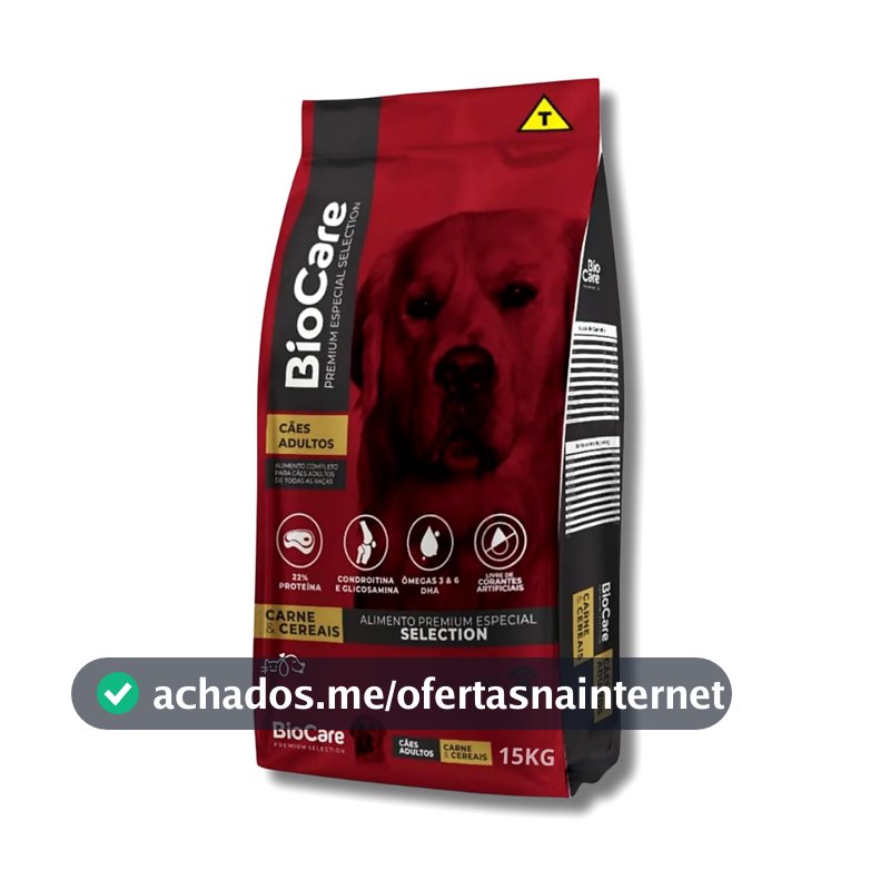 Ração BioCare Premium Especial Selection para Cães Adultos Carne e Cereais 15kg 22% Proteína com Condroitina e Glicosamina