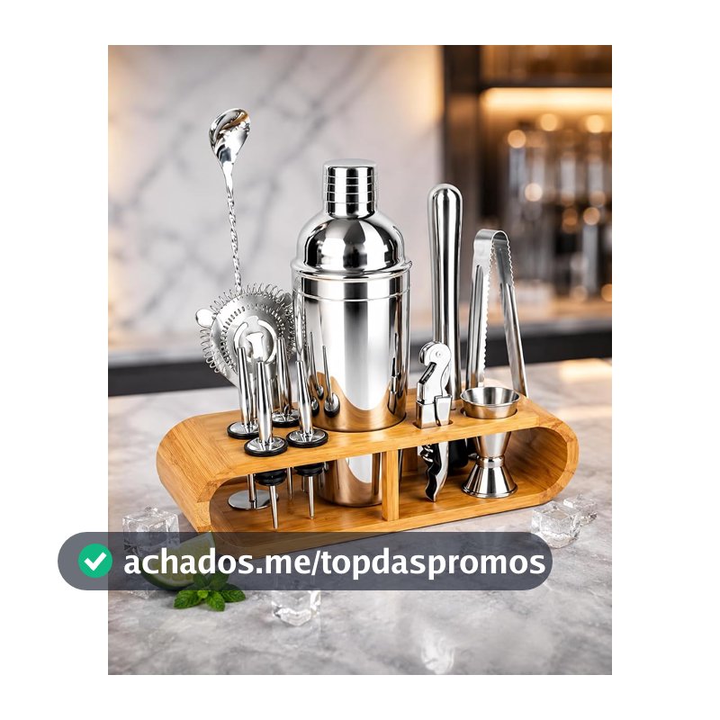 Kit Coqueteleira Inox 12 Peças com Suporte de Bambu, Coqueteleira 600ml, Dosadores, Coador, Colher Bailarina, Socador, Pegador de Gelo e Abridor para Drinks e Coquetéis