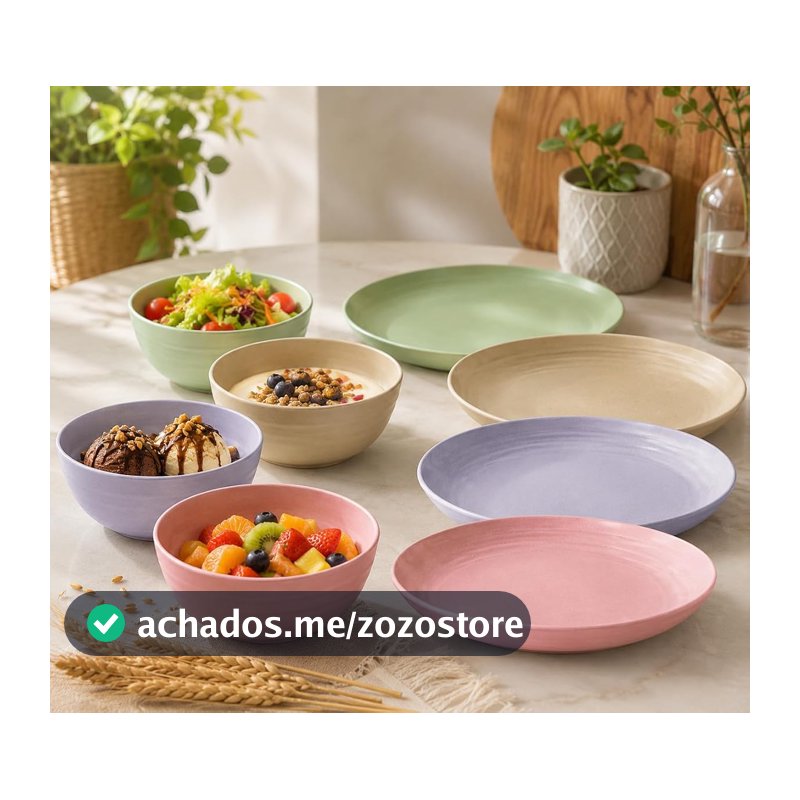 Conjunto Pratos de Jantar e Tigelas de Sobremesa 8 peças de Palha de Trigo Ecológico Cumbuca de Sobremesa Itens Organicos Leves e Resistente Seguro Micro-ondas e Lava-louças (Colorido)