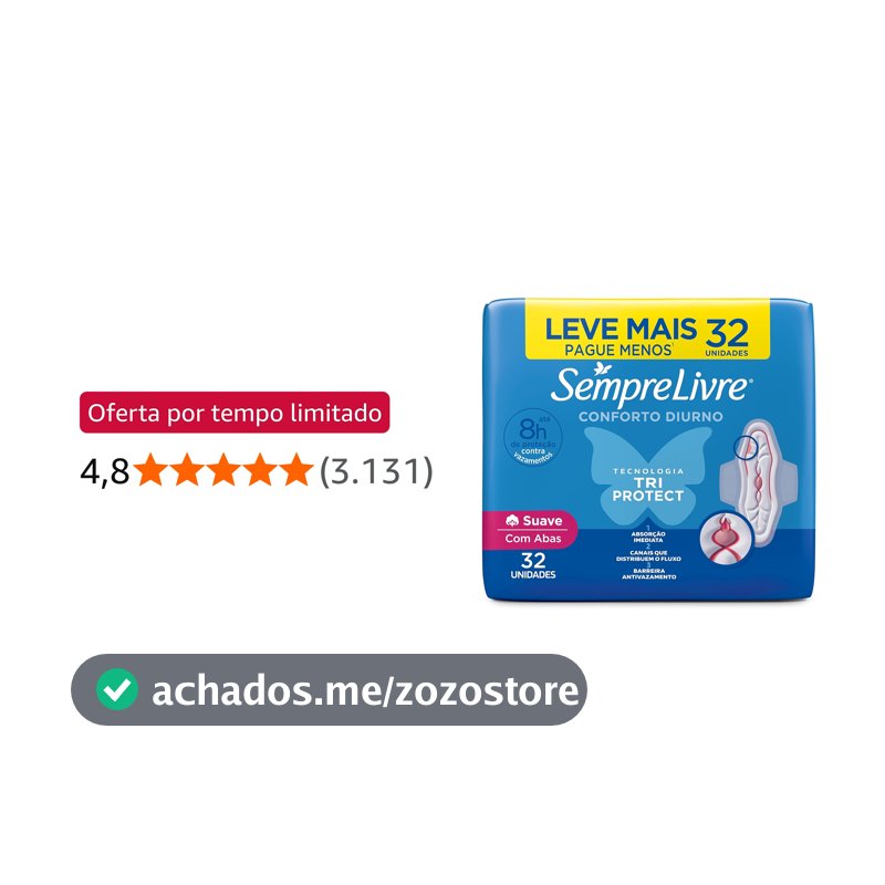 Absorvente Diurno com Abas Sempre Livre, Cobertura Suave, 32 Unidades
