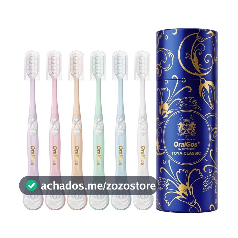OralGos Kit com 6 Escovas de Dentes Macias com Área de Limpeza de Língua e Protetor de Cerdas Higiene Bucal Familiar (Azul)