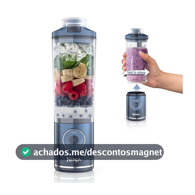 Ninja Blast Max, liquidificador portátil + Twist & Go, Smoothie pessoal, blend, Ice Crush, 3 programas, sem fio, recipiente removível de 623 g, pode ser lavado na lava-louças, à prova de vazamento