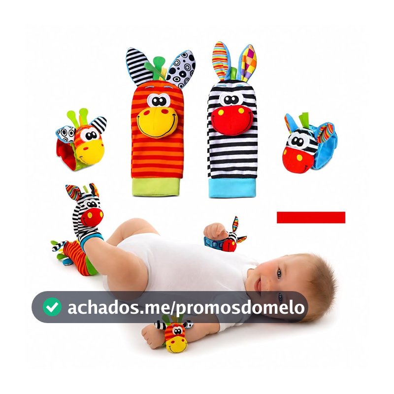 Kit Meias e Pulseiras com Chocalho para Bebê 4 Peças – 2 Meias e 2 Pulseiras Sensoriais, Brinquedo Educativo para Recém-Nascido, Estimula Coordenação Motora e Desenvolvimento, 0 a 12 Meses, Zebrinha