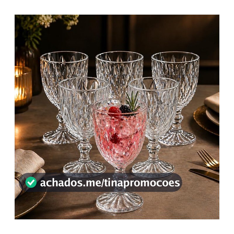 Jogo 6 Taças Vidro Diamond 315ml Elegante Resistente Água Suco Refrigerante