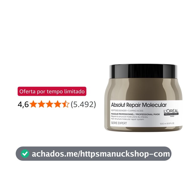 L'Oréal Professionnel Máscara Absolut Repair Molecular, Repara os Danos & Recupera a Força, Maciez & Desembaraço, Para cabelos danificados e muito danificados