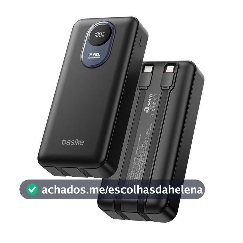 Basike Power Bank 20000mAh, Carregador Portátil, 2 Cabos Integrados (Preto)