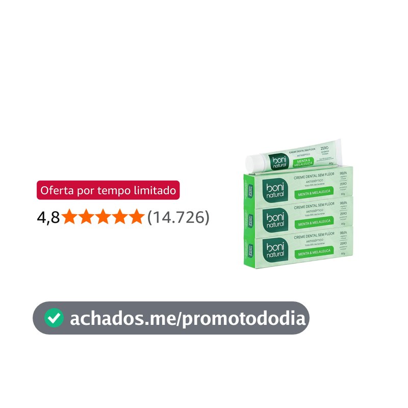 BONI NATURAL - Creme Dental com óleos naturais de Menta e Melaleuca Vegano e Natural, Sem Flúor, Sem Triclosan, 90g, 3 unidades Leve Mais Pague Menos