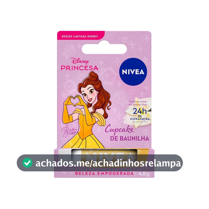 NIVEA Hidratante Labial Cupcake de Baunilha Ed. Limitada Bela Disney® Princesa 4,8g, Hidratação Intensa 24h, Cor Suave, Brilho Delicado, Manteiga de Karité