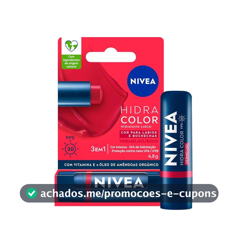 NIVEA Hidratante Labial Hidra Color 2 em 1 Vermelho 4,8g - Combina cor intensa e hidratação enriquecida com Manteiga de Karité, Óleo de Amêndoas orgânico e Vitamina E