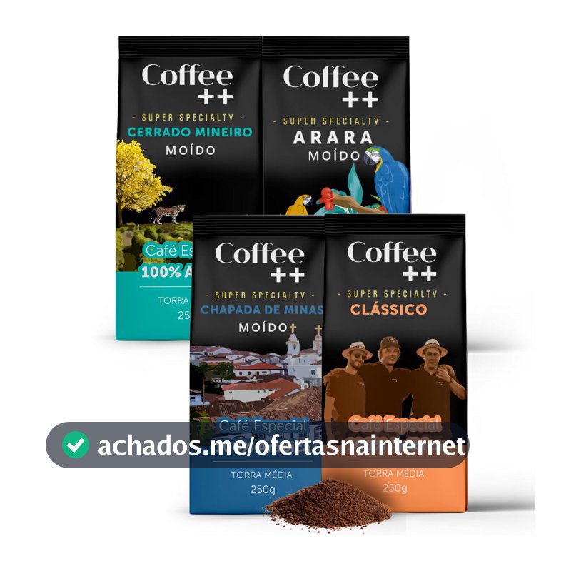 Kit 4 Pacotes Café Especial Torrado e Moído Coffee Mais Variedades: Cerrado Mineiro, Arara, Chapada de Minas e Clássico - 100% Arábica (4x250g)