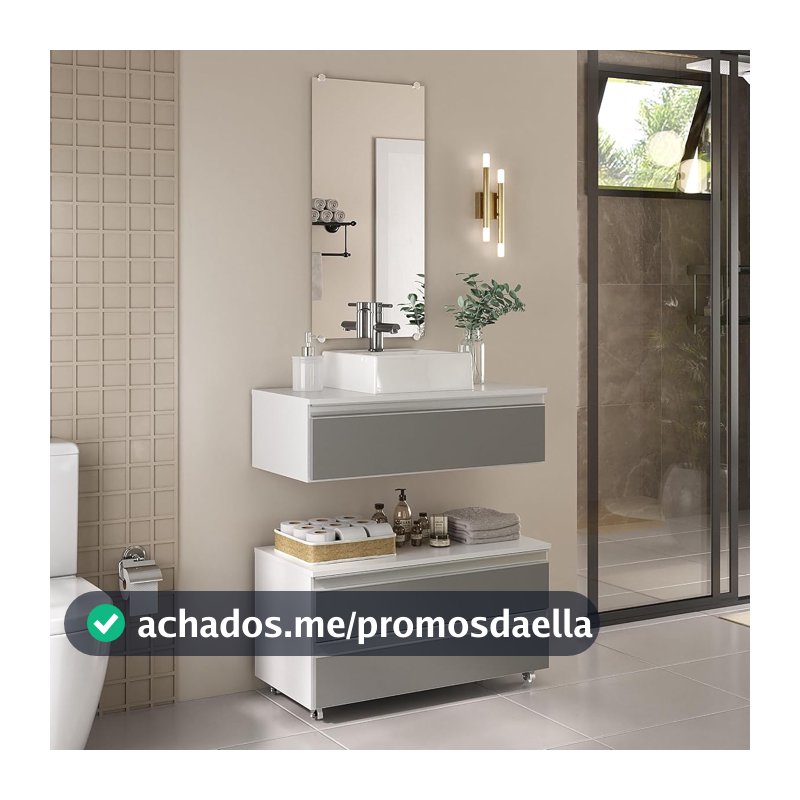 Gabinete Banheiro Creta 80cm (02 armários + cuba + espelho) (Branco/Cinza)