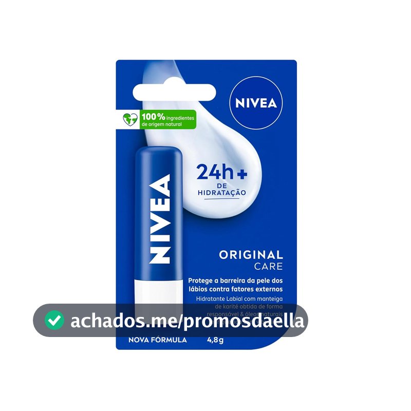 NIVEA Hidratante Labial Original Care 4,8g, Hidratação Intensa 24h, Protege contra Ressecamento, Cuidado Diário, Manteiga de Karité