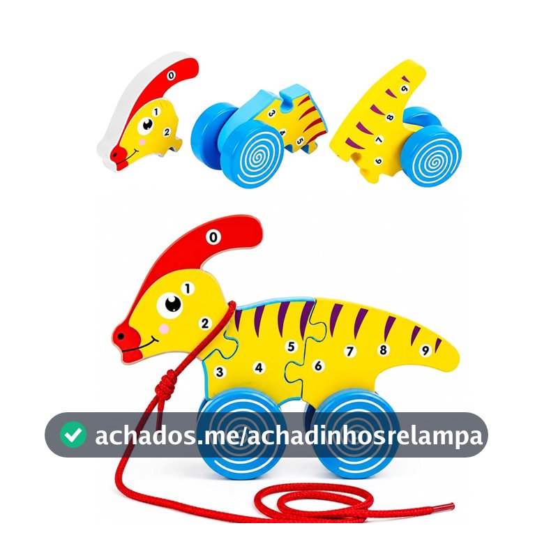 Brinquedo Educativo Montessori Madeira Montar e Puxar 2+ Dino Amarelo