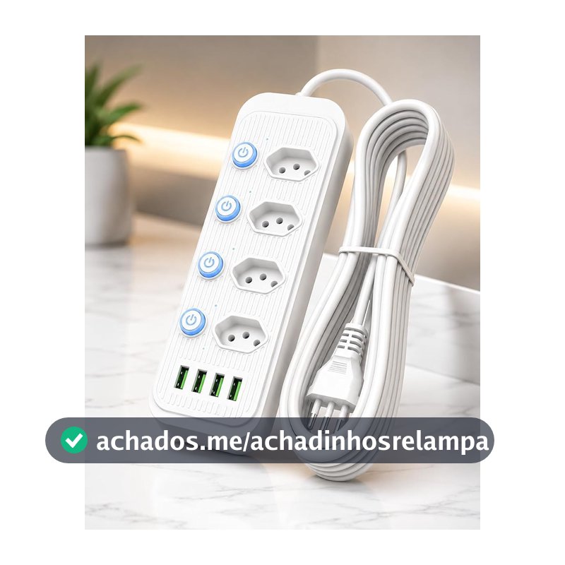 Extensão Elétrica 2 Metros, 4 Tomadas e 4 Saídas USB, Botão Liga e Desliga, Régua Com Filtro de Linha, Protege Contra Curtos Circuitos e Sobrecargas, 110V a 220V, 2500W - Cor Sortida (Preto ou Branco)