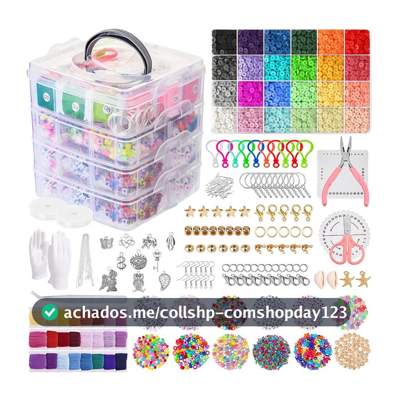 Kit de Miçangas para Pulseiras, 12000 Para Fabricação Joias Pulseiras, kit de pulseira de elastico com Contas Coloridas, Pingentes e Acessórios, Caixa Organizadora 16x15x15cm presente para meninas