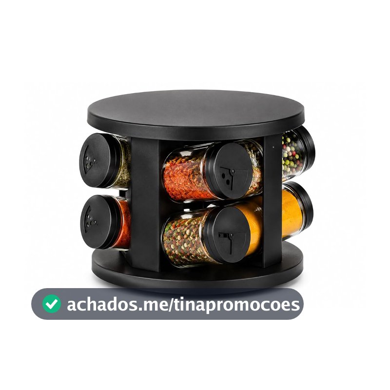 Porta Temperos Giratório 360° com 6 Potes de Vidro, Tampa Preta, Base Giratória, Organizador de Cozinha (Modelo 2)