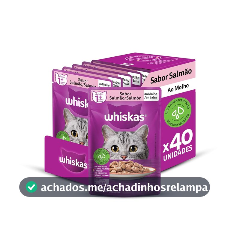Pack Ração Úmida Whiskas Sachê Salmão ao Molho para Gatos Adultos 85 g - 40 unidades