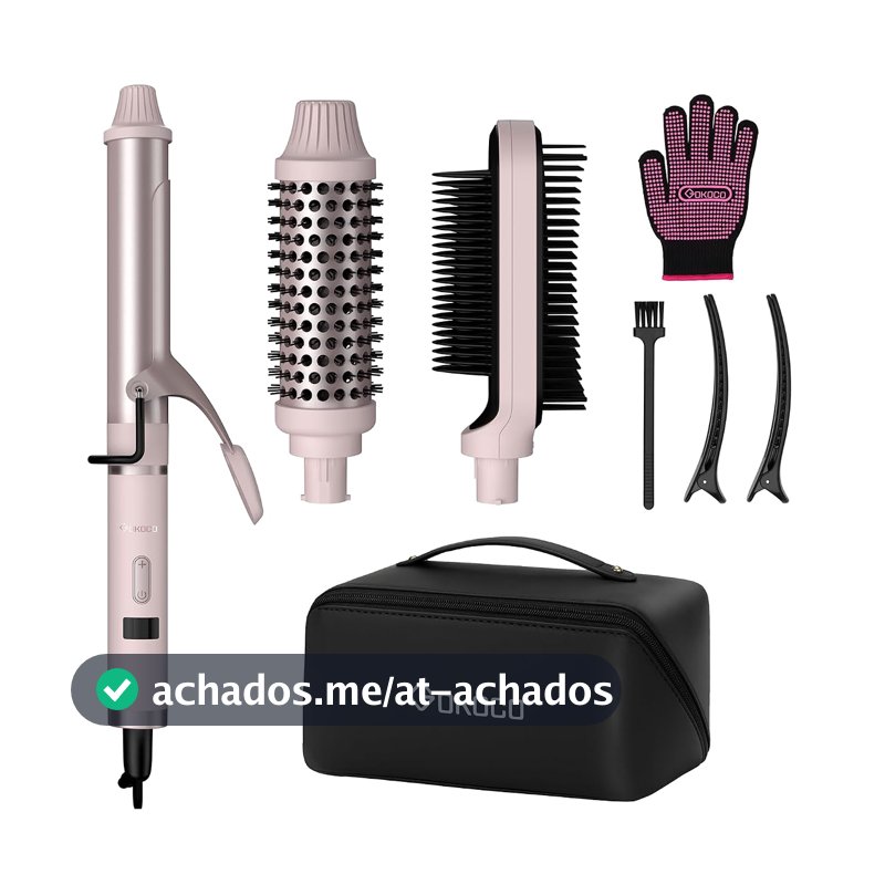 Kit Cachos e Alisamento Bivolt GOKOCO GD034 Rosa 127V-220V – Ferramenta Multifuncional com 3 Anexos, Controle de Calor NTC, 120-200°C, Desligamento Automático 30min, para Cabelos Finos a Grossos