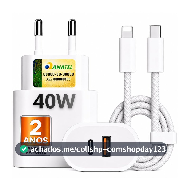 Carregador Turbo 40W USB-C + USB-A Compatível com IPhone 8 X Xr 11 12 13 14, Bivolt 110/220V - CABO DE NYLON - Carregamento POWER DUO
