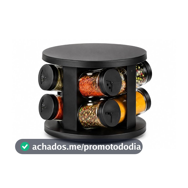 Porta Temperos Giratório 360° com 6 Potes de Vidro, Tampa Preta, Base Giratória, Organizador de Cozinha (Modelo 2)