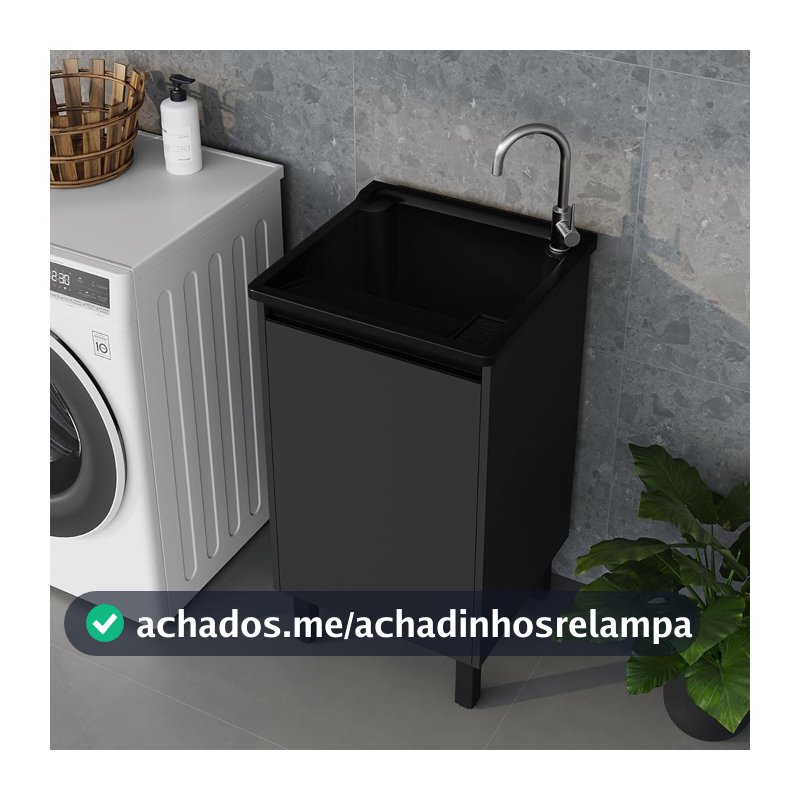 Tanque de Lavanderia 26 L com Gabinete MDF 46cm Cinza Chumbo Grafite com Prateleira – Tanque de Lavar Roupas com Válvula e Sifão – Entregue Montado