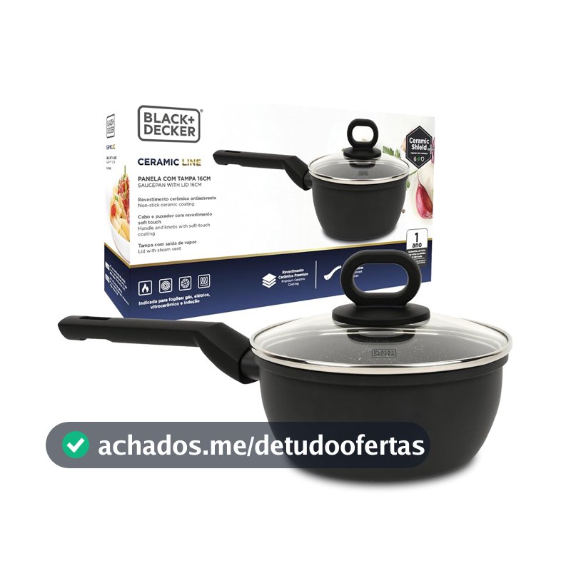 BLACK+DECKER PANELA COM TAMPA 16 CM 1,4 LITROS CERAMIC LINE - CORPO COM REVESTIMENTO CERÂMICO COM EXTERIOR NA COR PRETA E BASE COMPATÍVEL COM INDUÇÃO - BLACK