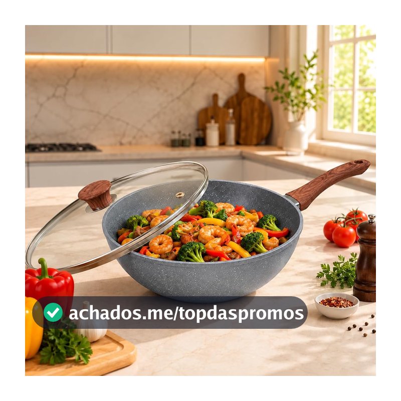 Frigideira Grande Wok Cerâmica Granito Antiaderente 28 cm Com Tampa de Vidro Para Indução e Gás