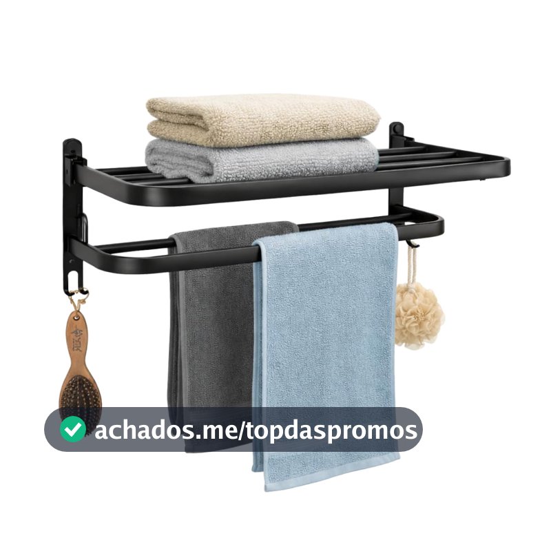 Toalheiro Duplo de Parede com Prateleira 46cm, Metal Preto Fosco