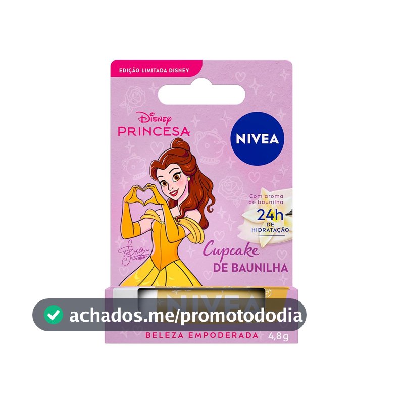 NIVEA Hidratante Labial Cupcake de Baunilha Ed. Limitada Bela Disney® Princesa 4,8g, Hidratação Intensa 24h, Cor Suave, Brilho Delicado, Manteiga de Karité