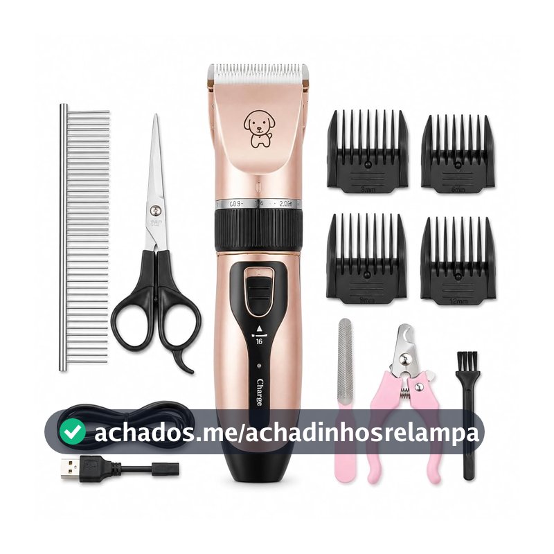 Kit Máquina de Tosa Pet em Uso em Casa para Cães e Gatos Silenciosa Sem Fio com 4 Pentes + Tesoura e Cortador