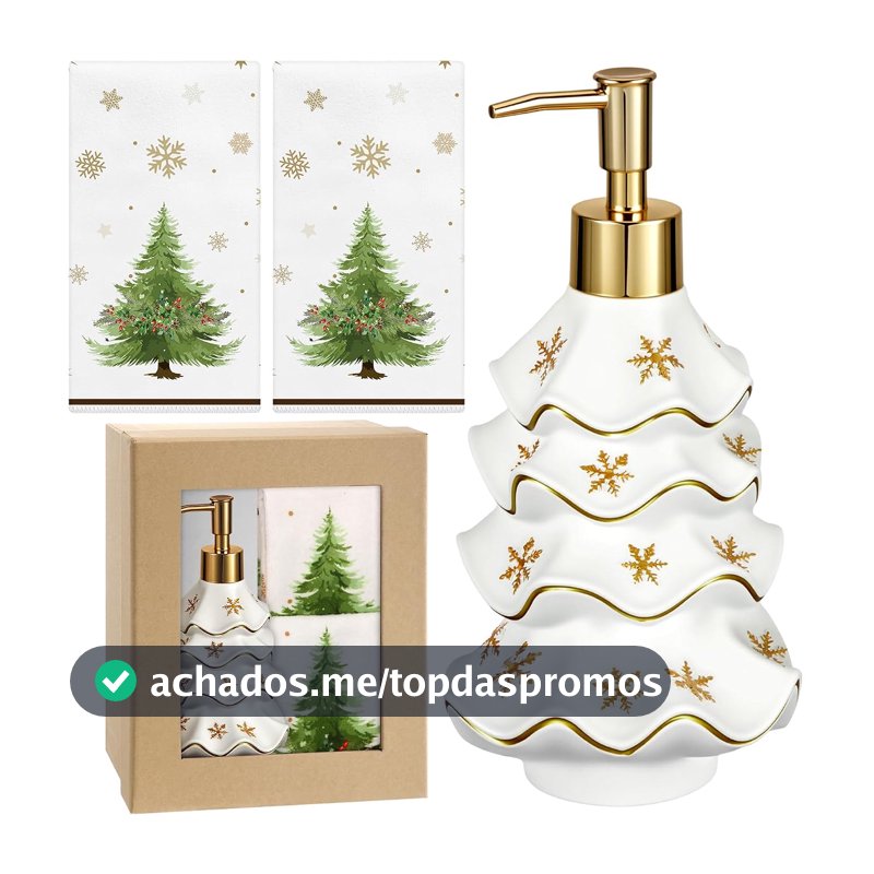 Teenyyou Conjunto de dispensador de sabão de árvore de Natal com 2 toalhas