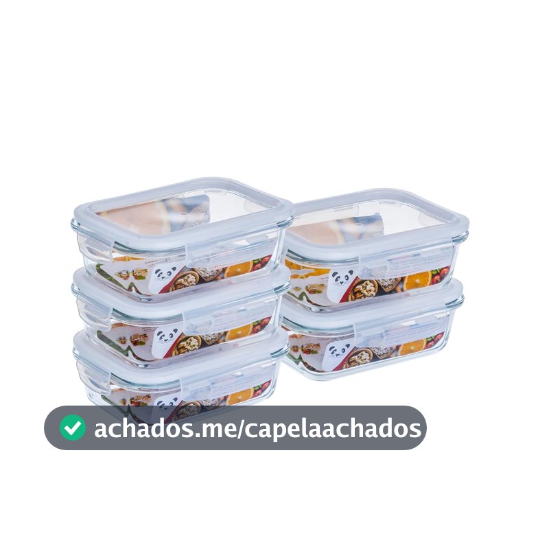 Kit com 5 Potes de Vidro Gato Panda, 640 ml, Retangular, com Tampa Hermética, Branco