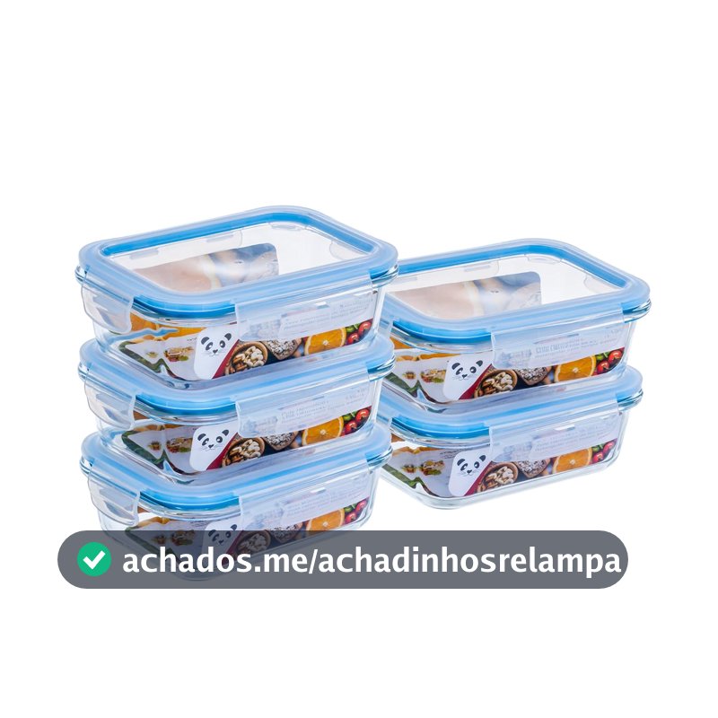 Kit com 5 Potes de Vidro Gato Panda, 640 ml, Retangular, com Tampa Hermética, Azul