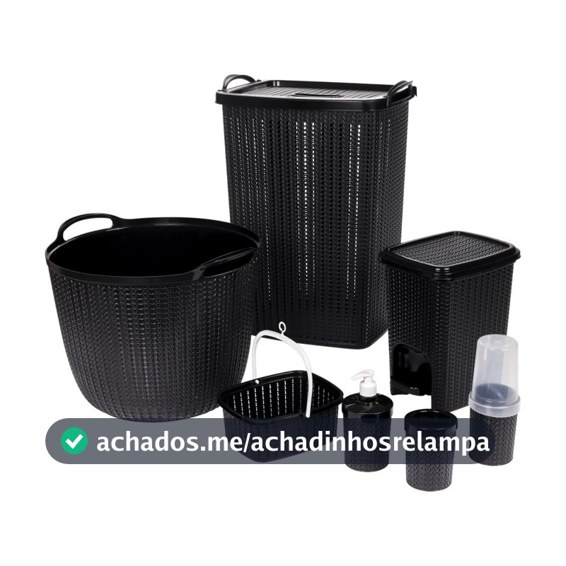 Kit Banheiro e Lavanderia Trama 7 Peças, Preto, Plasútil