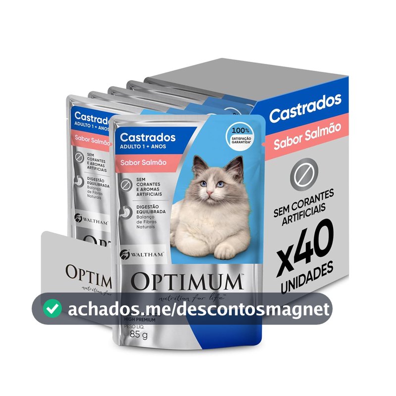 Pack Ração Úmida Optimum Sachê para Gatos Adultos Castrados Sabor Salmão 85g - 40 unidadaes