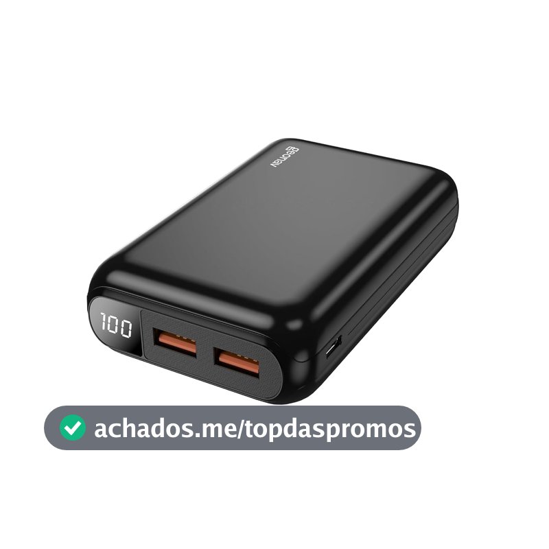 Geonav Power Bank Ultra Compacto com carregamento Rápido 1 porta USB-C (entrada/saída) de 20W de potência, 2 portas USB-A (Saída) de 18W de potência, PB20K20WBK Preto