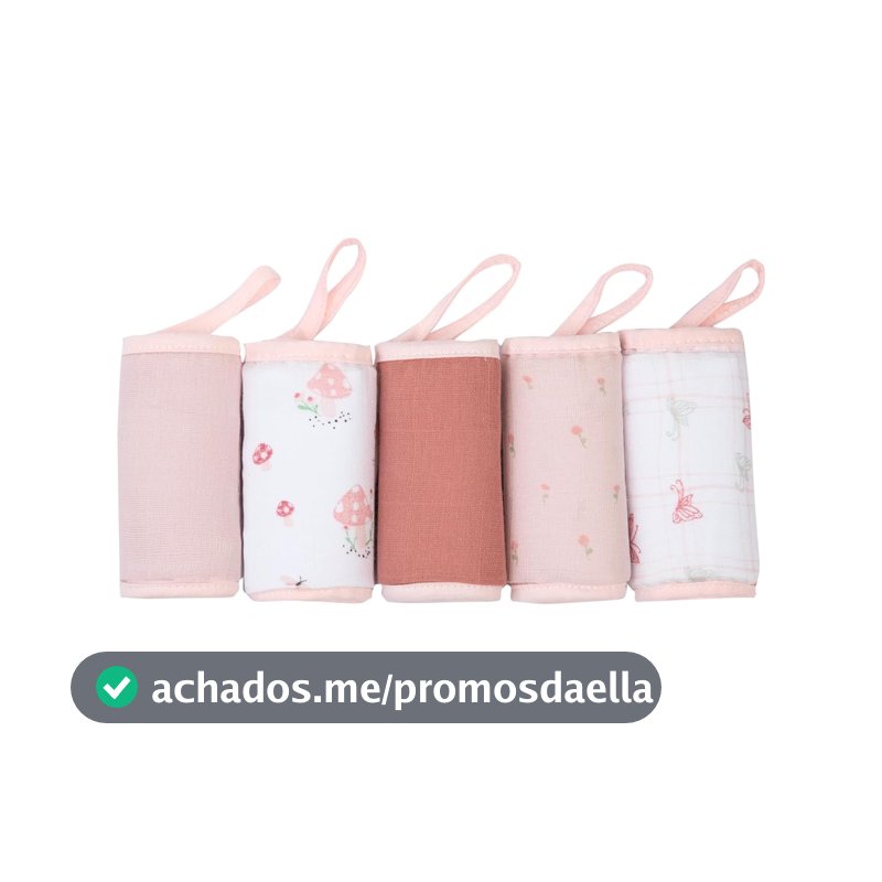 Paninho de Boca Soft Premium Papi Baby com Prendedor de Chupeta 32cm x 32cm 5 Peças, Encanto Cogumelo