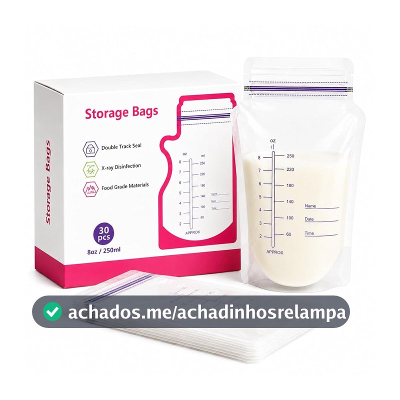 Kit 30 Sacos para Armazenamento de Leite Materno 250ml, Vedação Dupla Antivazamento, Livre de BPA, com Escala Graduada e Área para Identificação