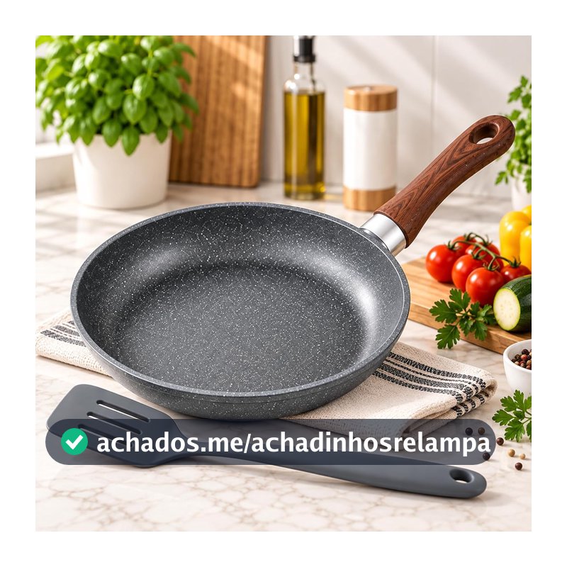 Frigideira Grande Cerâmica para Indução Cabo Madeira + Espátula de Silicone