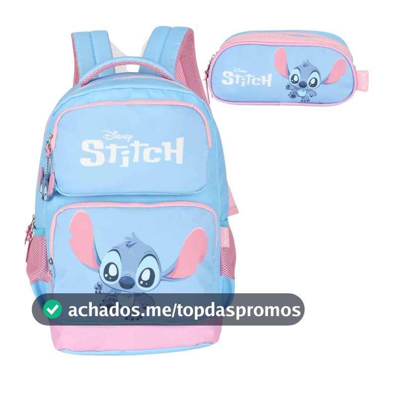 Mochila Infantil Stitch com Estojo Triplo Azul