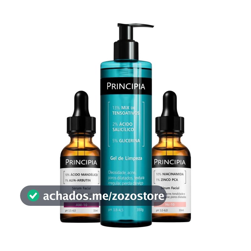 Kit Principia Anti-Acne Trio com um gel de limpeza com 2% de ácido salicílico e 5% de glicerina, um sérum com 10% de Niacinamida e um sérum com 10% de Ácido Mandélico + Alfa-arbutin